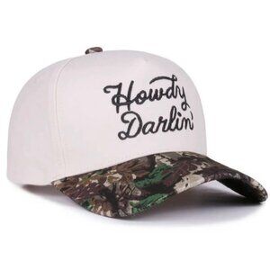 Howdy Darlin’ Trucker Hat | White Crown Camo Brim Western Cap